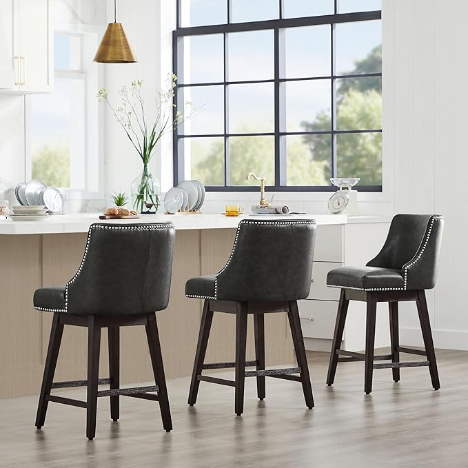 CHITA Counter Height Swivel Bar Stools Set of 3, FSC Certified Upholstered Counter Stools, Modern Swivel Barstools with Wood Legs for Kitchen Island, 26" Seat Height, Faux Leather in Retro Grey