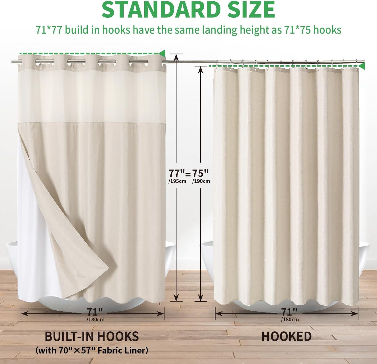 No Hooks Needed Linen Textured Shower Curtain with Snap-in Fabric Liner Set,Cream Hotel Luxury Decor Shower Curtains for Bathroom,Waterproof & Washable,71Wx77H