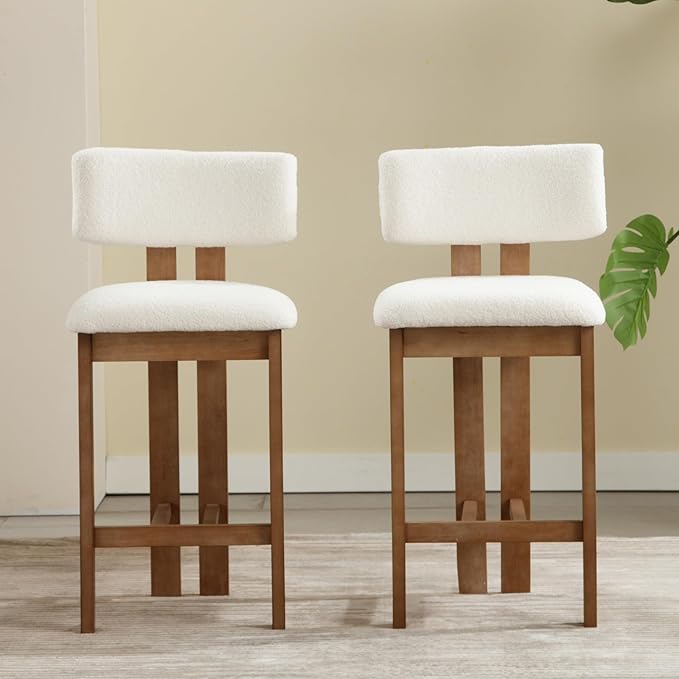 Upholstered Farmhouse Counter Height Bar Stools Set of 2 White Sherpa Barstools with Back/Solid Wood Legs, Modern Bar Chairs for Kitchen Island/Home Bar/Pub, 26 Inch