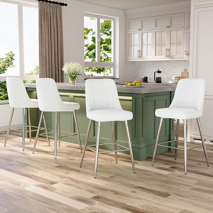 27" Bar Stools Set of 4 - White Counter Height Bar Stools Set of 4,Faux Leather Kitchen Island Stools with Sturdy Chrome Metal Leg,Counter Height Stools with Backs,Easy to Assemble