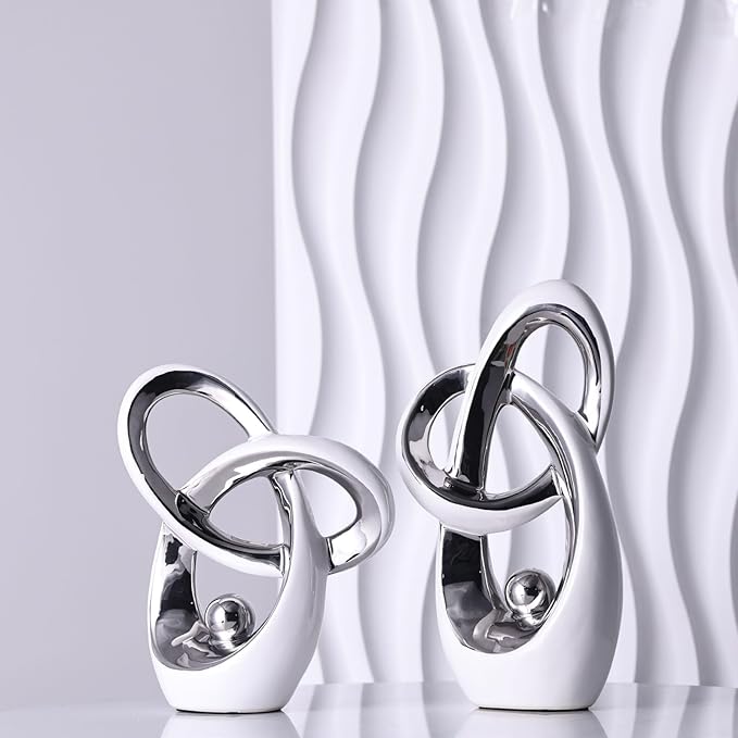 White Silver Modern Abstract Art Home Accent, Statues Coffee Table Decor, Table Centerpieces for Dining Room, Ceramic Sculptures and Gold Knick Knacks for TV Stand Decor