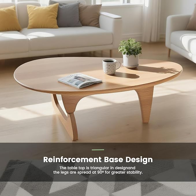 Solid Wooden Modern Triangle Coffee Table: Unique Funky Coffee Tables for Living Room, Oval Mid-Century Irregular Abstract Tea Tables for Patio Office Balcony Bedroom (Natural, 43" L x 31" W x 16" H)