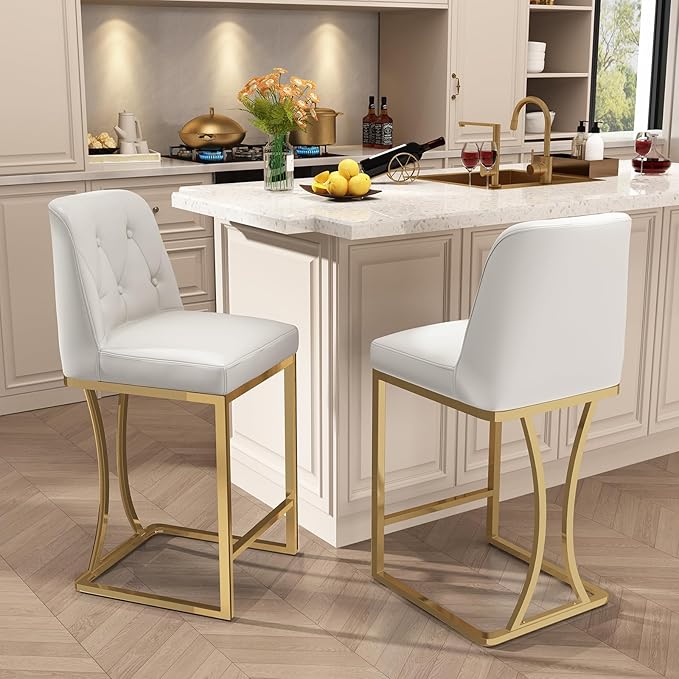 24" Counter Height Bar Stools Set of 4, White Counter Stools with Back and Gold Metal Frame, Modern Luxury Barstools with Footrest, Upholstered PU Leather Bar Chairs for Kitchen Island
