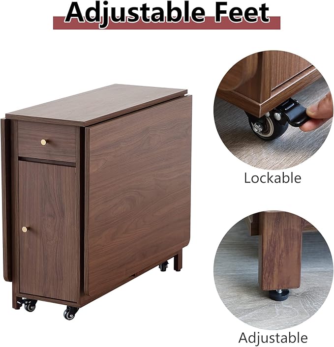 Extendable Drop Leaf Foldable Dining Table with 2 Drawers and 4 Wheels for Living Room Kitchen Farmhouse Space Saving Table in Walnut