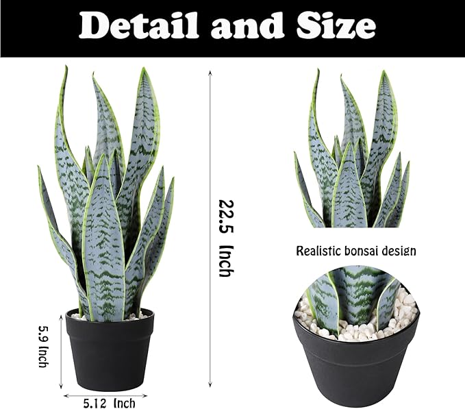 22.5" Artificial Snake Plant Faux Sansevieria Plants Tropical Fake Plants in Black Pot Greenery Plant Perfect for Home Office Living Room Housewarming Gifts Indoor Outdoor Decor-Green