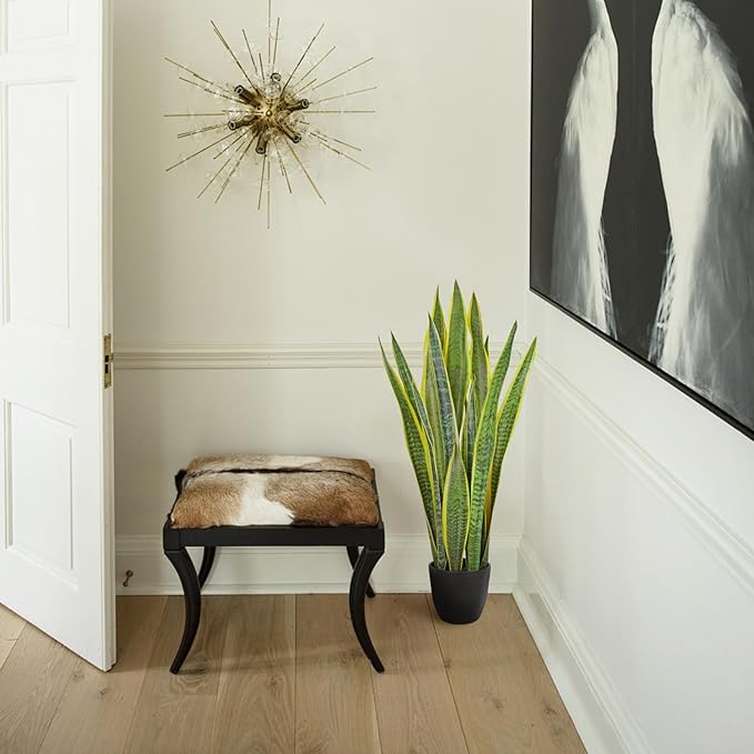 Hollyone Artificial Snake Plant Potted, 28 Inch Faux Sansevieria Trifasciata Plants Large Tall Tropical Fake Snake Plants Tree in Black Pots for Home Office Room Patio Garden Indoor Outdoor Decor