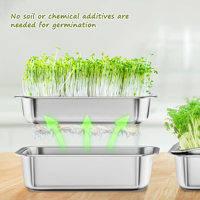 FANHAO 2-Pack Sprouting Tray Kit, Stainless Steel Soil-Free Cultivation Germination Tray, Healthy Wheatgrass Grower Sprouting Container Kit Nursery Tray for Indoors Plant Seedlings