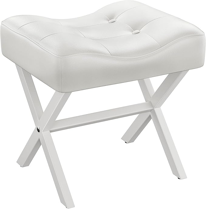 18-Inch Large Leather Vanity Stool, Vanity Chair with Metal X-Leg, Ottoman Accent Stool with Thick Padded Saddle Seat, White