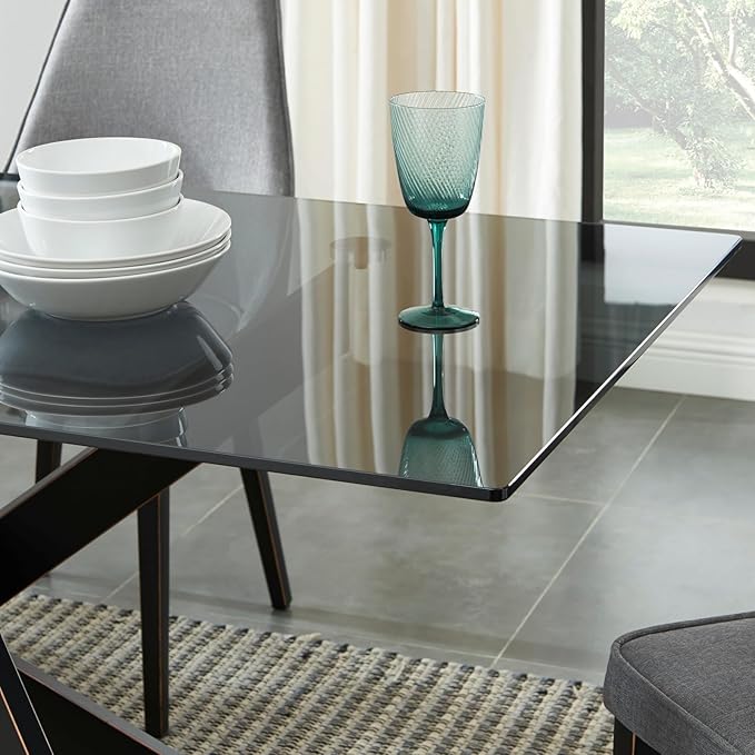 Modern Style Dining Table with Gray Tempered Glass Top and Black Metal Tubular Legs, 58.5”Lx29”Wx30”H