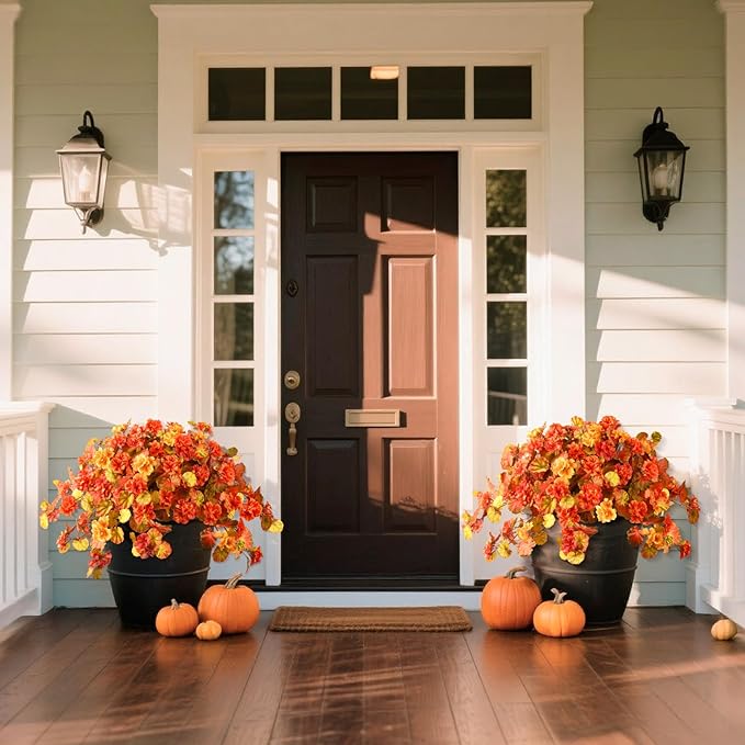 Artificial Fall Flowers for Outdoor Decor 2 Pcs UV Resistant Fake Flowers, Faux Fall Flowers for Outdoor Planters Autumn Silk Flowers for Porch Garden Patio Yard Halloween Decorations