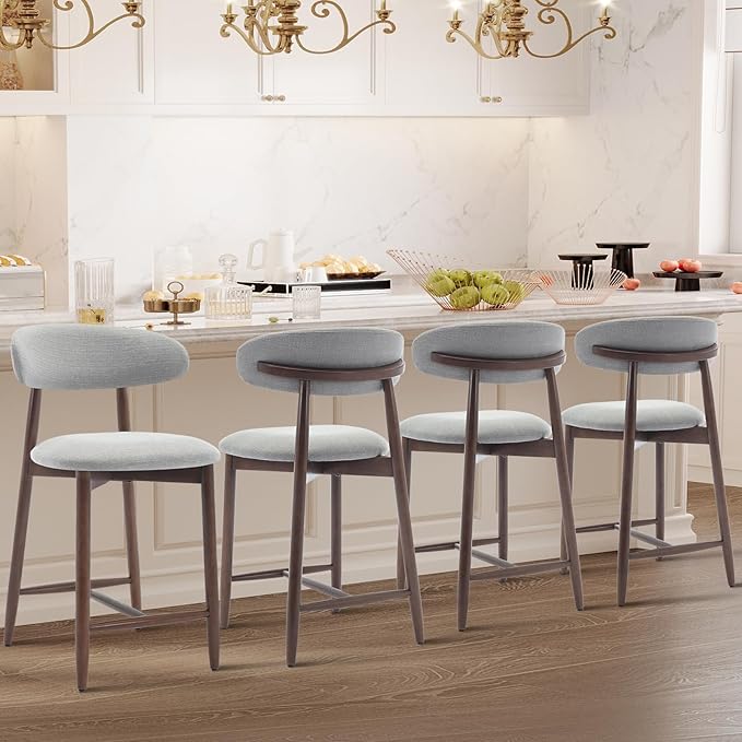 Upholstered Counter Height Bar Stools Set of 4, Kitchen Island Stools with Back, Modern Counter Stools Island Bar Chairs with Wood Legs for Kitchen Island Dining Room Bar, Light Grey