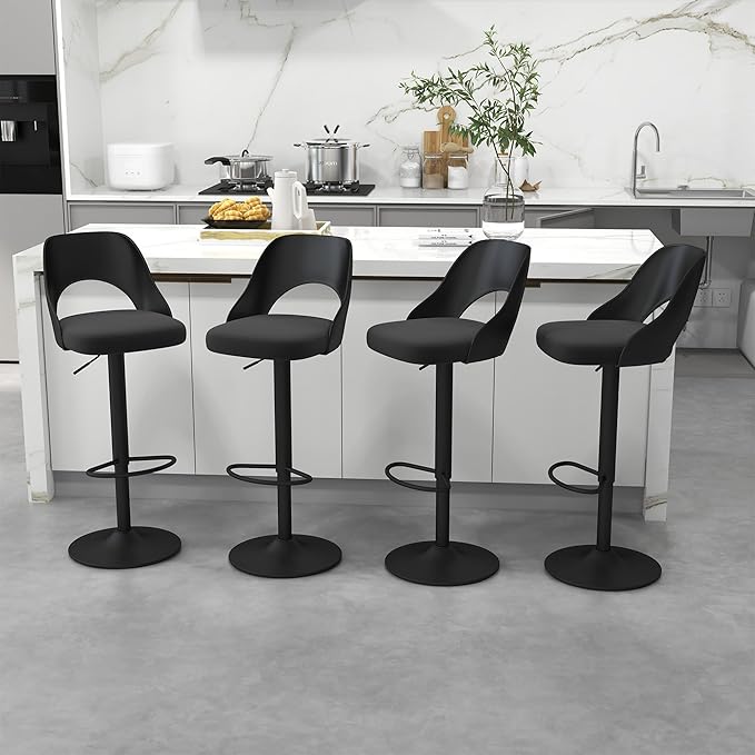 civama Bar Stools Set of 4 for Kitchen Counter, Seat Height Adjustable 25''-33'', Modern Upholstered Swivel Island Chairs with Hollow Backrest Metal Base, Black