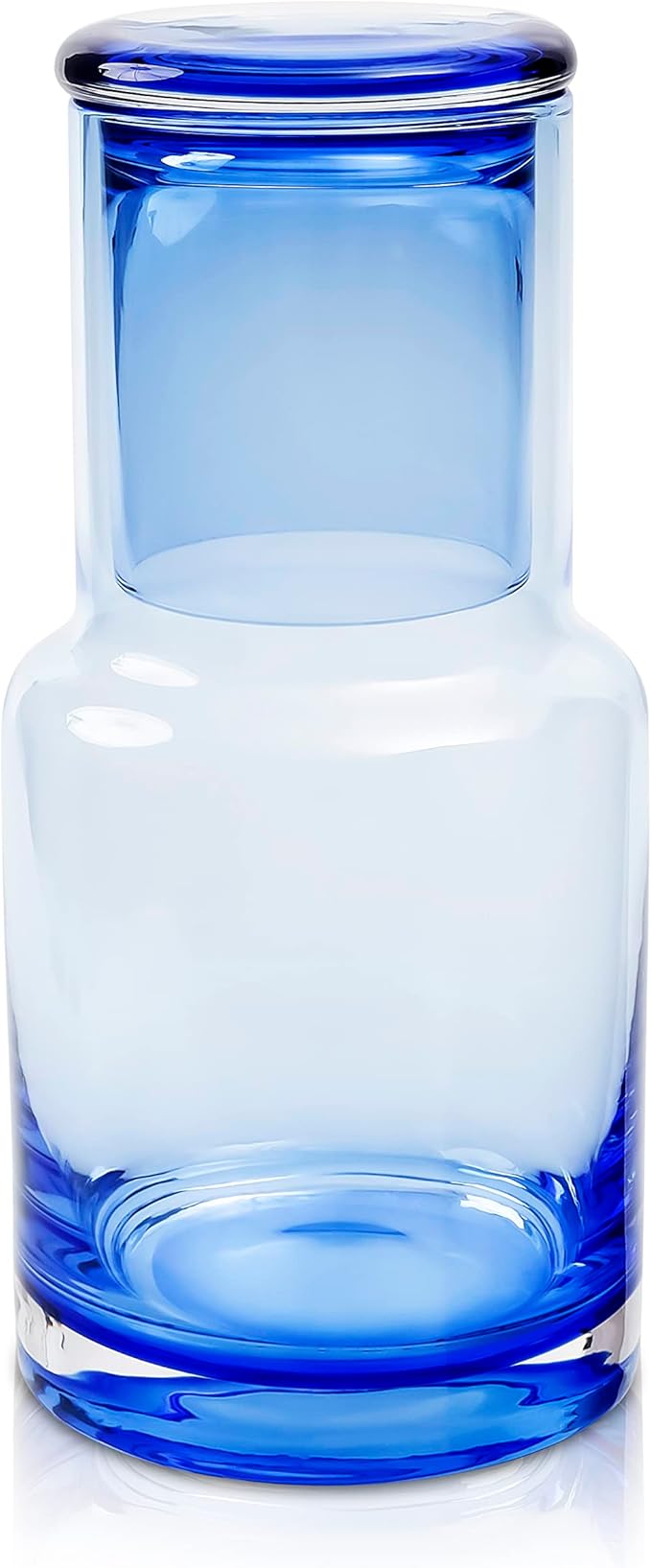 Bedside carafe and glass set, Ombre blue glass bedside carafe with glass that sits inside the carafe, drip free, modern design. 100% dishwasher safe.