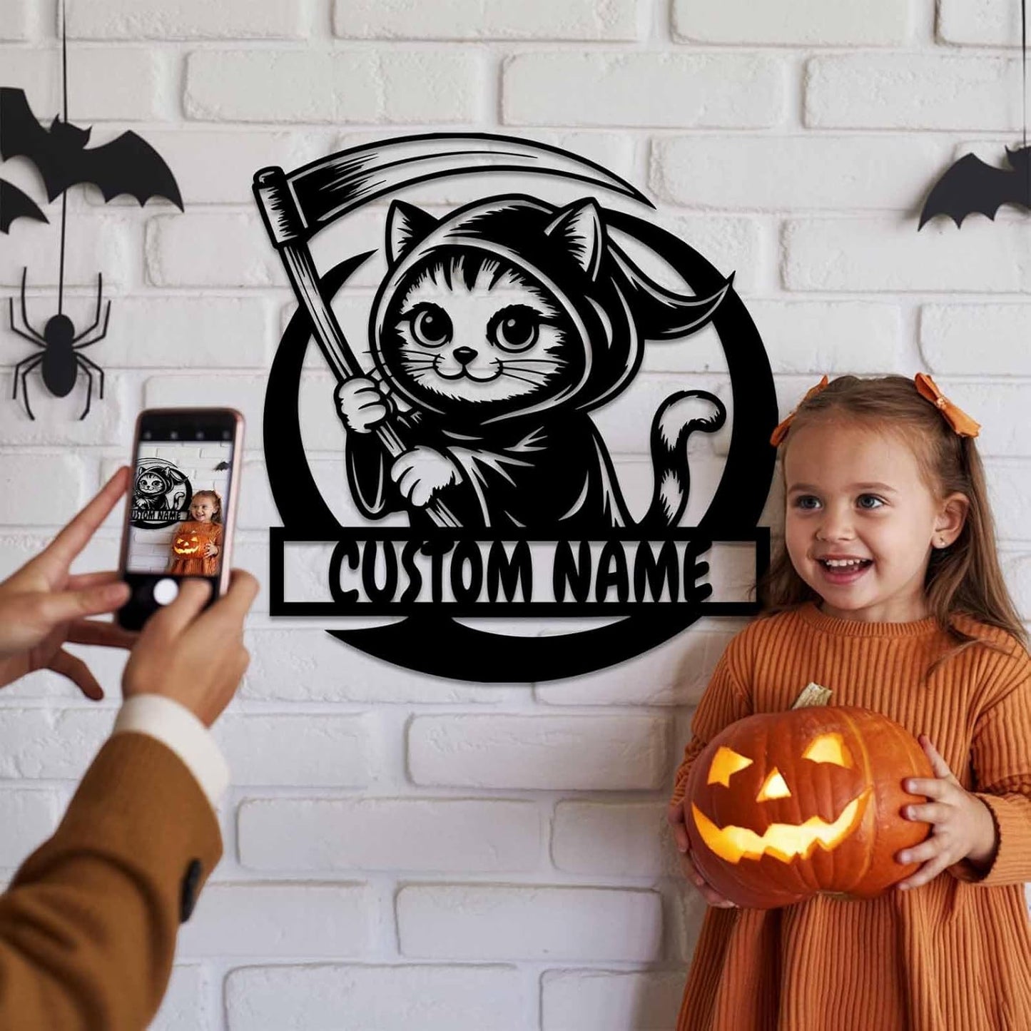 Personalized Scythe Cat Metal Sign, Custom Name Halloween Metal Wall Art, Cute Halloween Decor for Home, Living Room, Porch or Door, Halloween Decorations Outdoor/Indoor