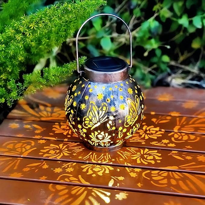 Outdoor Solar Hanging Lantern Lights Metal LED Decorative Lamp for Garden Patio Courtyard Lawn and Table with Hollowed-Out Design (Bronze Butterfly)