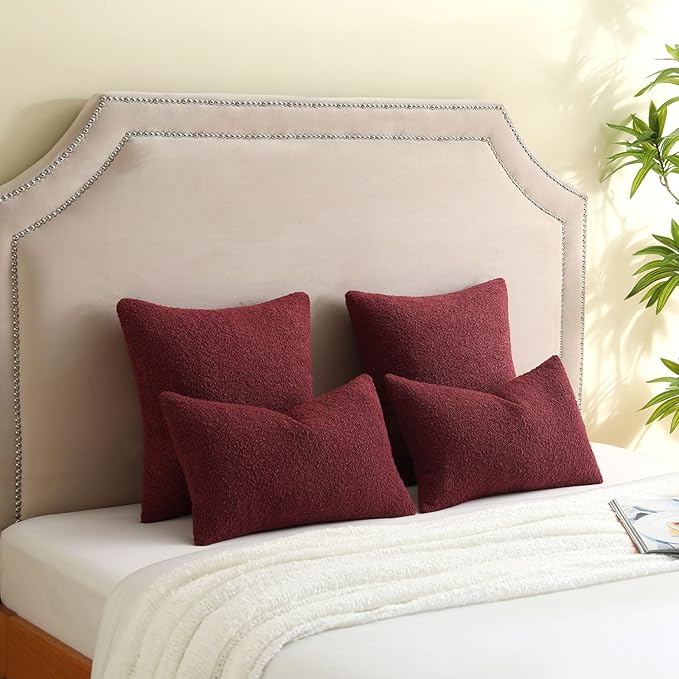 FUTEI Pack of 2 Burgundy Decorative Throw Pillow Covers 24x24 Inch Soft Cozy Solid Boucle Textured European Cushion Case,Modern Home Decor for Couch Bed Living Room