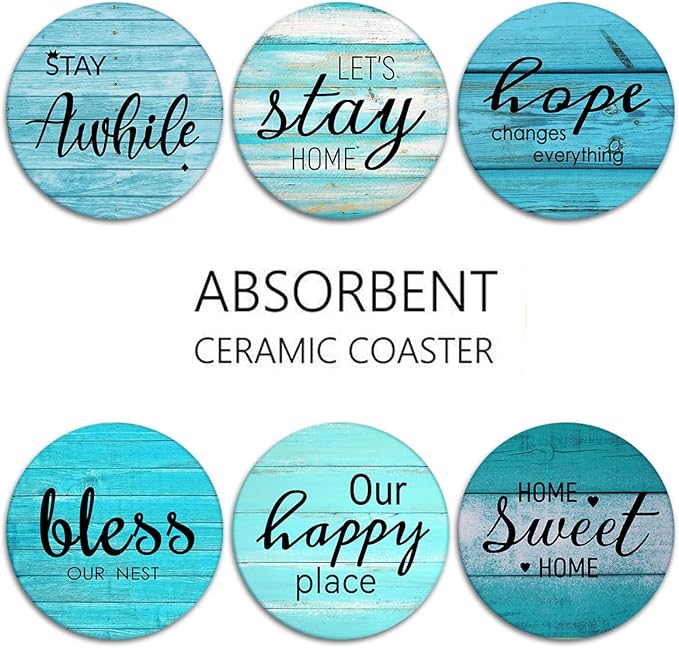 Britimes Coaster for Drinks Set of 6, Antique Teal Blue Wood Beach Table Absorbent Round Ceramic Stone Mat, with Cork Base and Metal Holder, Gift for Housewarming Room Bar Decor