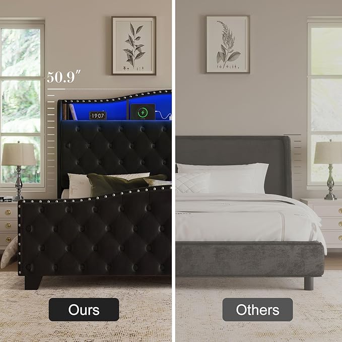 Belffin King Size Bed Frame and Headboard, 50.9" Velvet Upholstered Wingback Bedframe with LED Lights & Storage/Charging Station, Button Tufted Tall Footboard, No Box Spring Needed, Noise-Free, Black