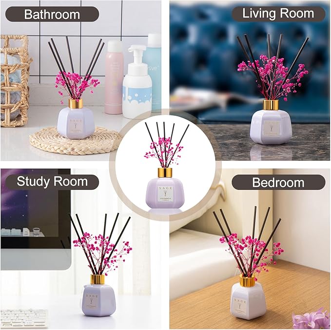 SAGE Hotel Reed Diffuser - Inspired by Ritz Carlton Hotel | 3.4oz Vanilla Strawberry Scent Diffusers for Home | Preserved Real Flower & Oil Diffuser Sticks | Nightstand or Bathroom Decor for Shelves