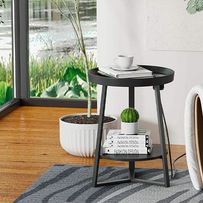 Gadroad Round End Table with Charging Station, USB Ports and Anti-Drop Fence, Wood Tabletop & Black Metal Frame, 2-Tier Side Table for Living Room, Bedroom, Black 15.7 * 15.7 * 23.0 inches