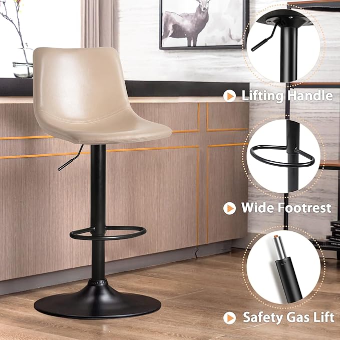 LEMBERI Bar Stools Set of 2, Modern Swivel Barstools Counter Height with Backrest, Faux Leather Upholstered Bar Chairs for Kitchen Island, Beige