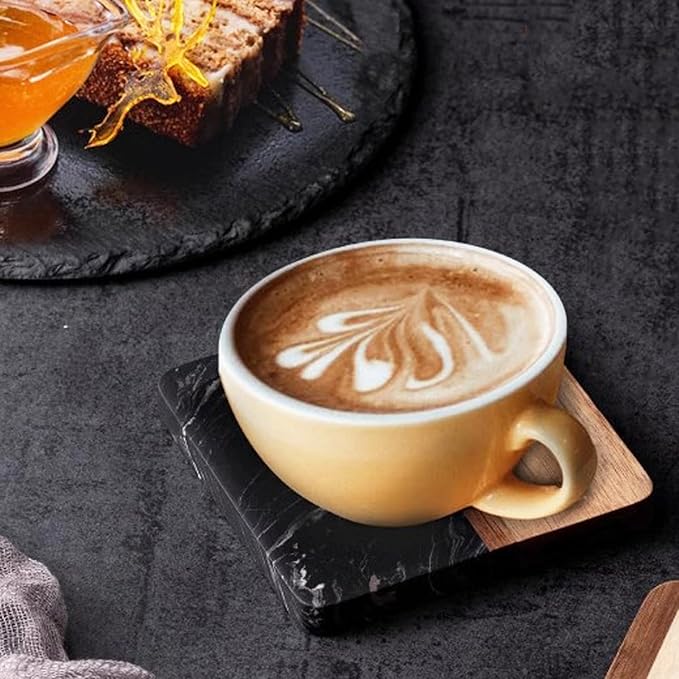 I-LAN 4 Pack 4 x 4 Inch Squre Natural Wood and Marbel Style Coasters for Drinks,Marble and Natural Wood Joint Mixed Modern Style Heat-Resistant Coaster Set for Home Kitchen