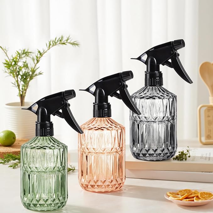 Plant Mister Spray Bottle, 13.5 oz Leak Proof Glass Spray Bottle for Inside Plants, Succulents, Herbs, Cleaning, Hair Care, Refillable Fine Mist Sprayer with Adjustable Mist Nozzle (Grey)