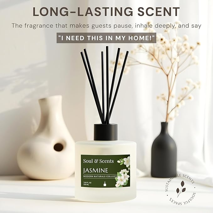 Soul & Scents Reed Diffuser Set – Jasmine | 7.43 oz Refillable Scented Oil with 6 Fiber Sticks | Long-Lasting Home Fragrance & Air Freshener for Bedroom, Bathroom, Office | Gift & Décor Piece
