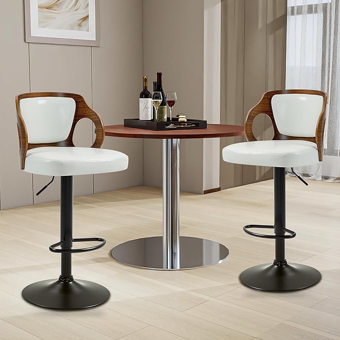 ECOTOUGE Swivel Bar Stools Set of 2, Height Adjustable Bentwood Island Stools, Modern Counter Height Bar Stools, Faux Leather Counter Stools with Back & Footrest, White