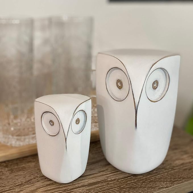 Wise Owl Decor Statue Sculptures – Set of 2 Small White Resin Figurines, 5¾ & 4 Inches High, Minimalist Decor for Home, Office, Bookshelf, or Desk