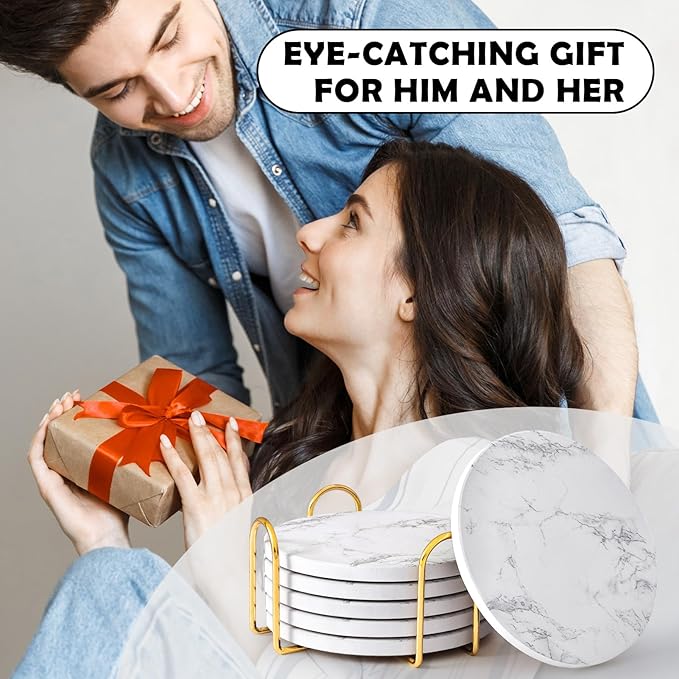 GOH DODD Coasters for Drinks Set of 6, Absorbent Marble Style Ceramic Coaster Tabletop Protection Home Decor with Metal Holder for Coffee Table, Housewarming Gifts Wedding Party, White, Round, 4 Inch