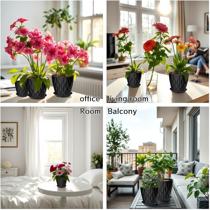 10 Pack 5 Inch Plant Pots with Drainage and Saucers, Black Plastic Flower Pots for Indoor and Outdoor Plants, Stackable Nursery Planters for Houseplants and Herbs, Black