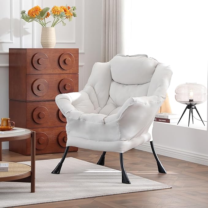 Welnow Lazy Chair for Living Room, Modern Reading Lounge Accent Chair with Armrests and a Side Pocket, Leisure Upholstered Lazy Sofa for Small Space, Bedroom, Dorm, Beige