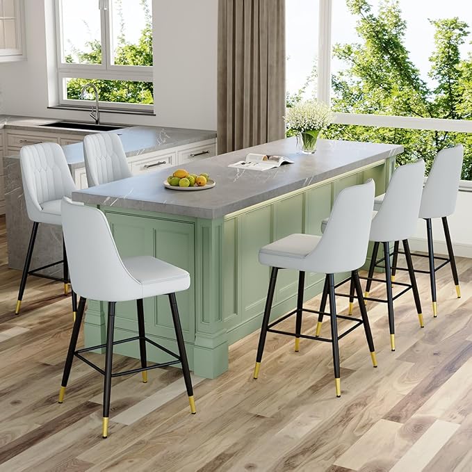 Grey Bar Stools Set of 6,27" Counter Height Bar Stools Set of 6,Faux Leather Counter Stools with Soft Padded Seat & Curved Backrest,Modern Kitchen Island Chairs for Dining Café