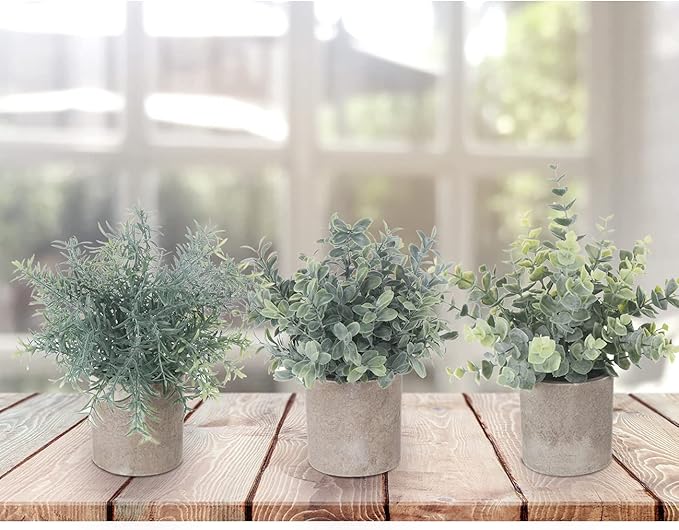 Fake Plants,3Pack Small Artificial Plants Mini Potted Faux Plants Indoor For Home Decor,Eucalyptus Greenery Plastic Green Grass Fake Plants for Shelves Desk Bathroom Bedroom Farmhouse Shelf Decor