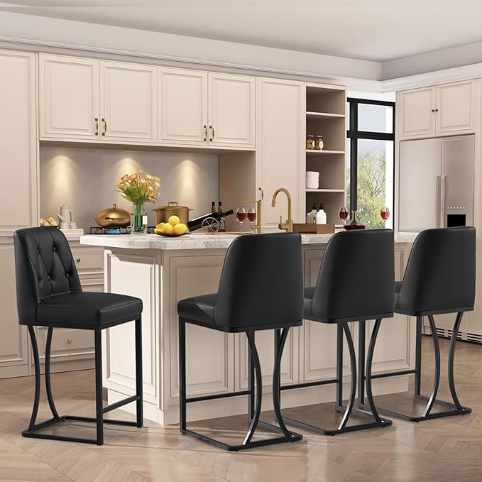 Black Counter Height Bar Stools Set of 2, 24 inch Counter Stools Pu Leather Modern Bar Chairs with Back for Kitchen Island
