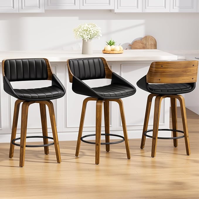 Bar Stools Set of 6, 26" Swivel Counter Height Barstools with Walnut Bentwood Back and Legs, Mid-Century Modern Faux Leather Upholstered Bar Chairs with footrest for Bar, Kitchen Island, café, Black