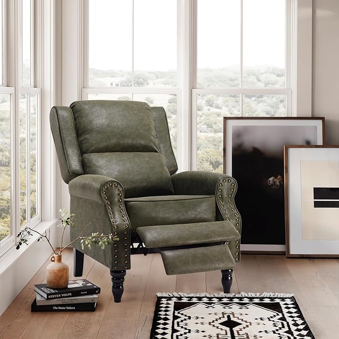 Leather Recliner Chair, Pushback Recliner Chair with Adjustable Backrest Footrest, Mid Modern Reclining Chair with Overstuffed Arms Lumbar Support for Reading, Living Room, Green