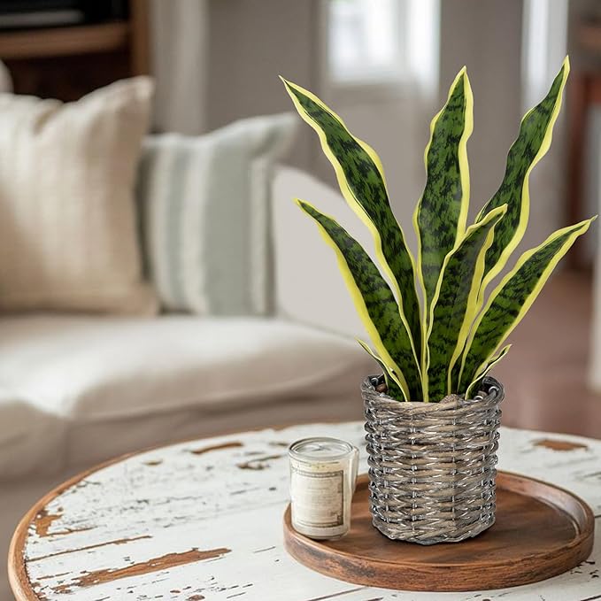 DILATATA Artificial Snake Plant 15 Inch Fake Sansevieria with Woven Basket Pot, Fake Mother in Law Plants Faux Potted Plant Greenery for Home Office Decor Indoor - Yellow