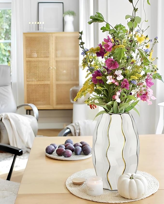 White & Gold Ceramic Flower Vase - 7.4" Modern Vertical Stripe Pottery Wave Vase | Ribbed Textured Flower Vase for Home Decor Bedroom Office Living Room Bathroom Table Centerpiece