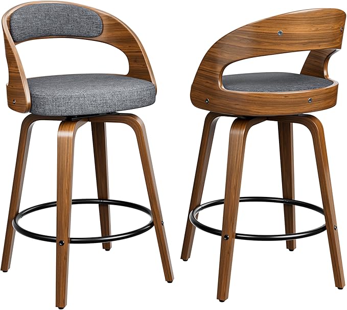 Swivel Bar Stools Set of 2, 26" Upholstered Linen Fabric Barstools with Bentwood Legs, Mid Century Modern Counter Height Bar Stools with Back for Kitchen Island, Dining Room, Grey