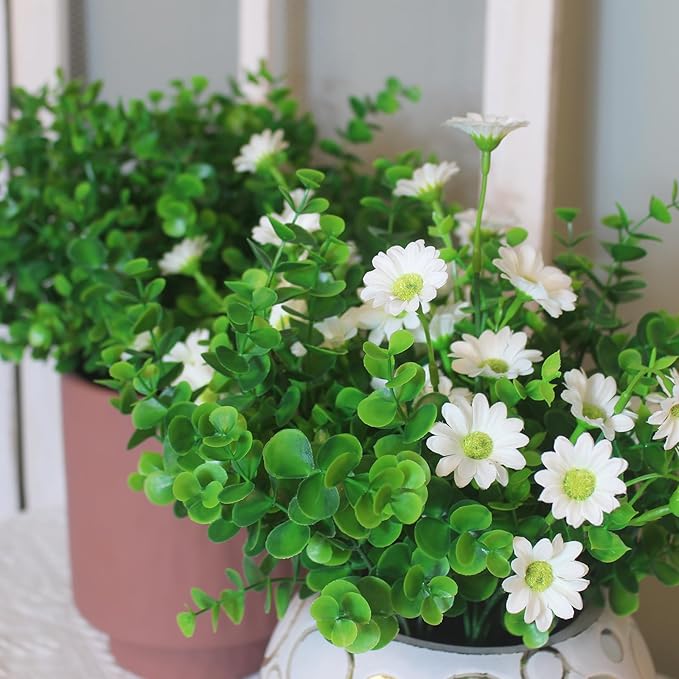 alyptus Artificial Boxwood Plants Outdoor 8 Bundles Faux Eucalyptus Flowers Green Bushes Plastic Greenery Stems for Home Garden Farmhouse Patio Front Porch Decor (Eucalyptus)