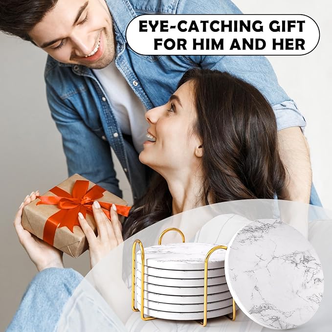 GOH DODD Coasters for Drinks Set of 8, Absorbent Stone Marble Style Ceramic Coaster Tabletop Protection Home Decor with Metal Holder for Coffee Table Housewarming Gifts Wedding Party, White, 4 Inches