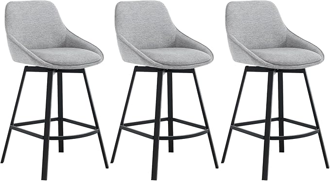 Zesthouse Swivel Bar Stools Set of 3, Modern Counter Height Barstools with Backs, 26'' Upholstered Linen Fabric High Chairs for Island Kitchen, Counter Height Chairs with Metal Legs, Grey