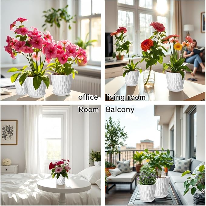 6 Pack 7 Inch Plant Pots with Drainage and Saucers, White Plastic Flower Pots for Indoor and Outdoor Plants, Stackable Nursery Planters for Houseplants and Herbs, White