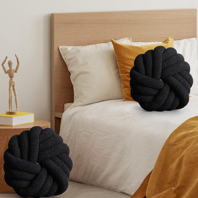 Marsui 2 Pieces Knot Ball Pillows 14 x 14 Inch Decorative Pillow for Couch Bedroom Plush Throw Knot Pillow Soft Handmade Chair Cushion for Living Room Car Decorations (Black)