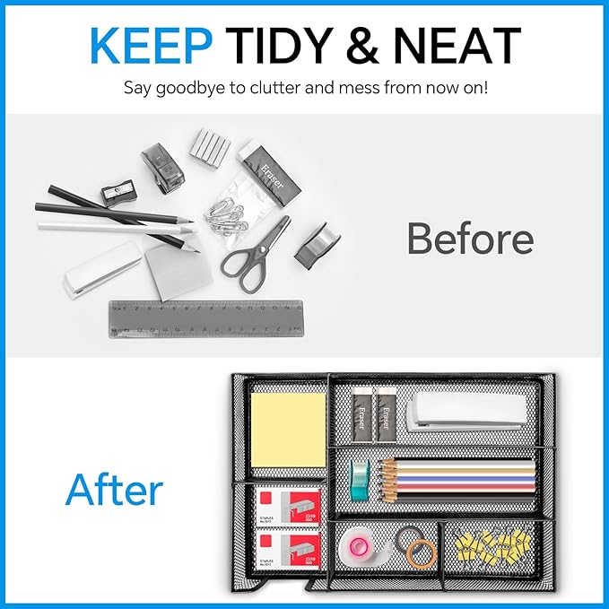 Desk Drawer Organizer, Office Drawer Divider Organizer Tray with 6 Compartments, Metal Mesh Desktop Organization and Accessories for Stationery Makeup Kitchen Toolroom School &Office, 12.6x8.27x1.6 in