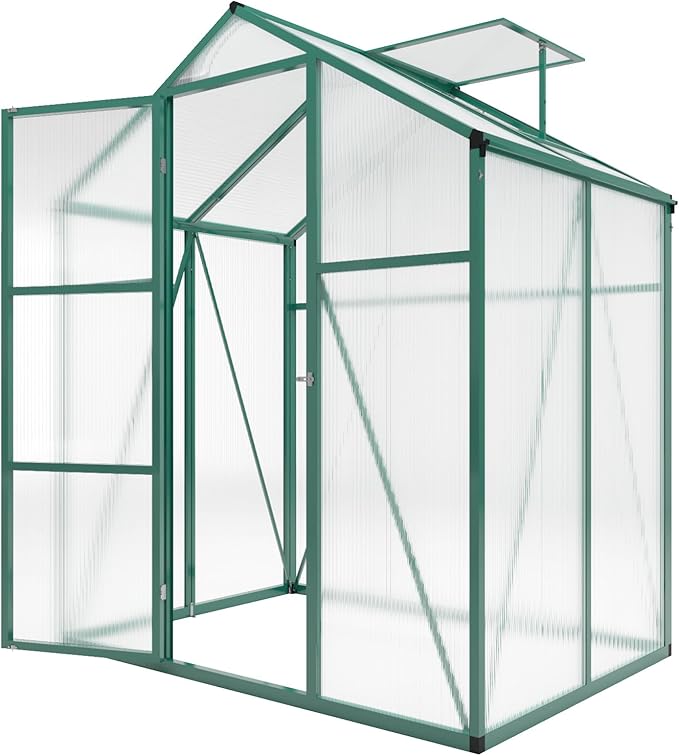 6*4.2*7.2FT Greenhouse for Outdoors, Polycarbonate Greenhouse with Stronger Wind Protection and Roof Vent, Walk-in Large Aluminum Sunroom Winter Proof, Green