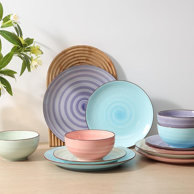 Selamica Ceramic Dinnerware Sets for 6, 18 Pieces Plates and Bowls Set, Scratch Resistant Dishes Set, Handpainted Swirl with Spot Dishwasher & Microwave Safe, Gradient Color
