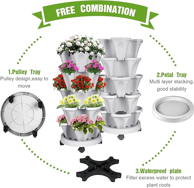 Vertical Strawberry Planter 5 Tier Stackable Tower Herb Planters-Stacking Garden Outdoor Planter Pot with Tools Mover for Succulents, Vegetables and Flowers
